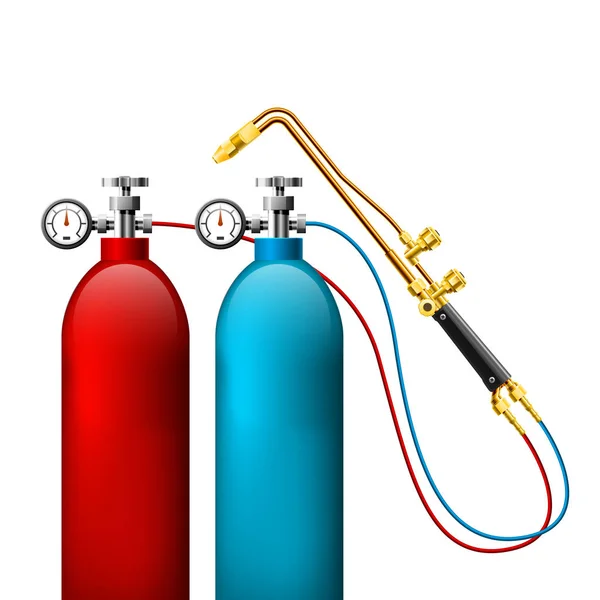 Botellas de gas de soldadura y antorcha de corte de acetileno oxi - tanque de gas — Vector de stock