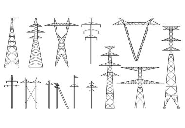 Tanjant kuleleri, yüksek voltajlı elektrik direkleri, güç iletim hattı, elektrik direklerinin türleri ve metal kuleler.