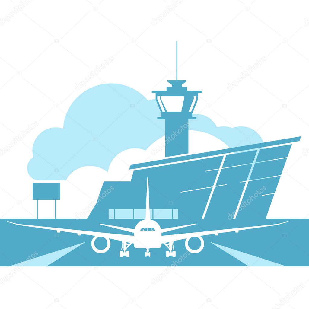 Airport terminal building and landing aircraft on landing strip, takeoff of airplane