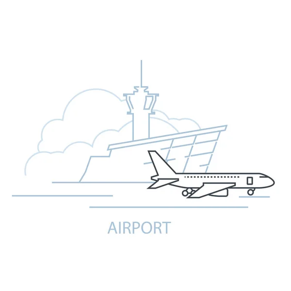 着陸帯の空港ターミナルビルと飛行機 空港のアイコン ラインスタイル — ストックベクタ