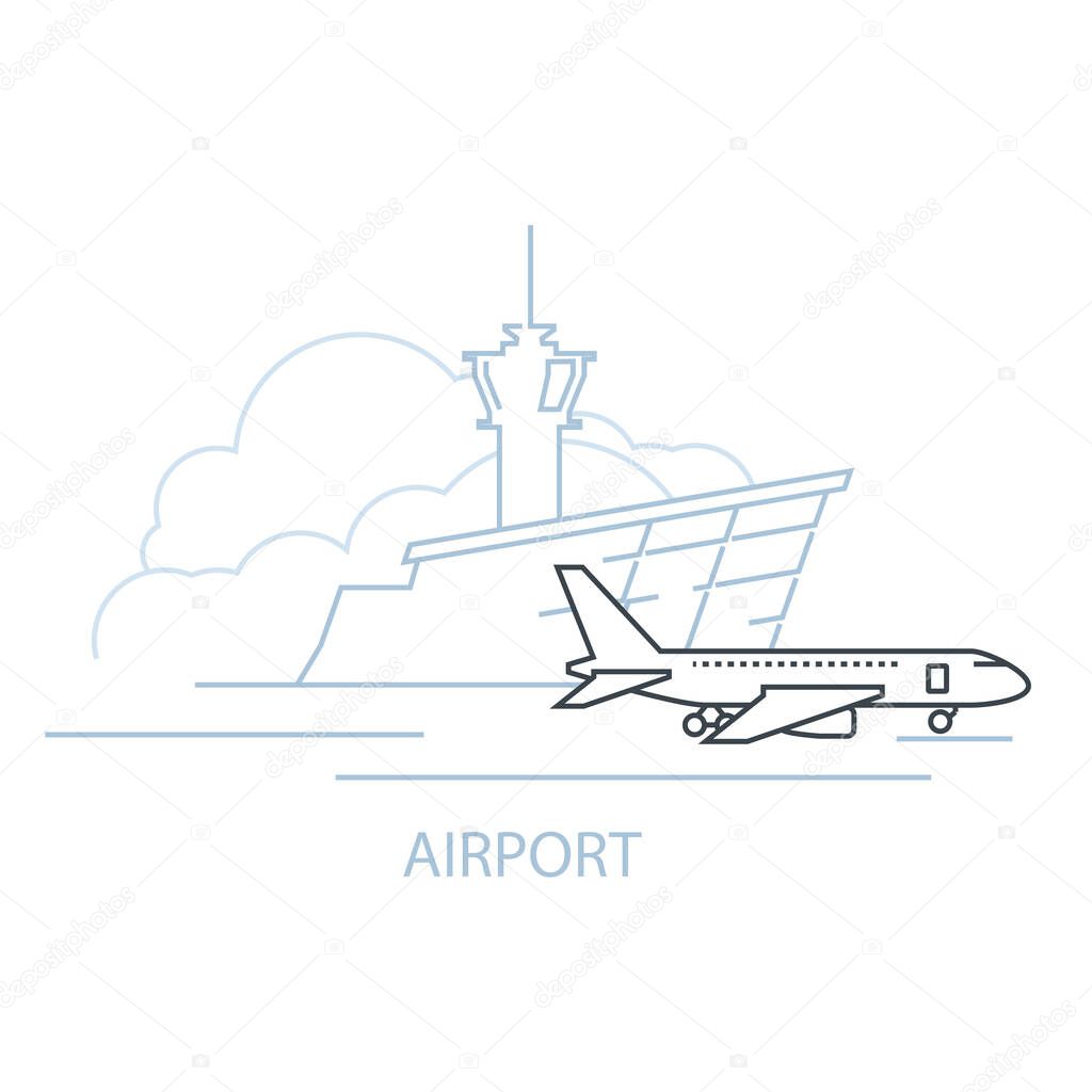 Airport terminal building and airplane on landing strip, icon of airport, line style