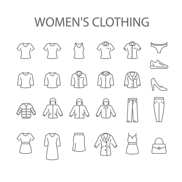 女性の服のアイコン 女性の服の種類の記号のセット アウターの記号のコレクション — ストックベクタ