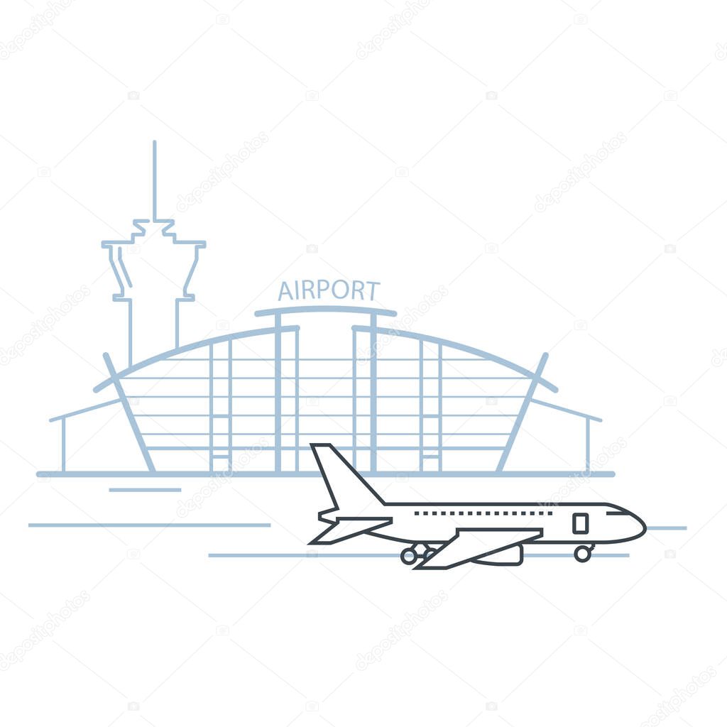 Airport terminal building front view and airplane on landing strip, airport icon