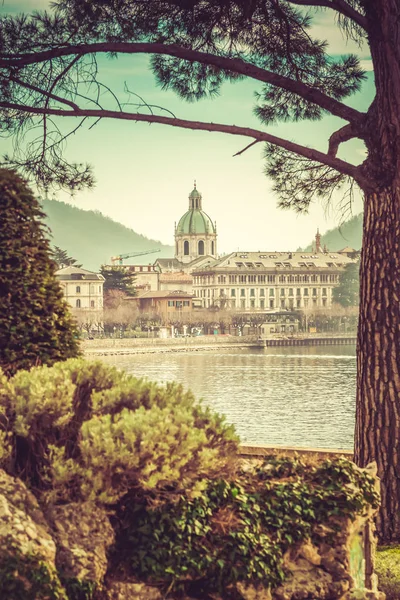 Romantica veduta del paesaggio urbano di Como, incorniciato da un giardino — Foto Stock