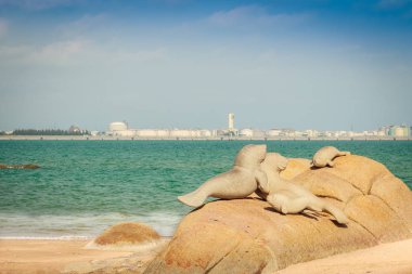 Güzel dugongs heykel mavi gökyüzü ile Hadnamrin sahilde