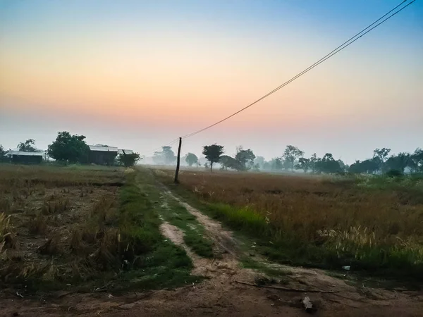 El área rural por la mañana con el fondo del amanecer — Foto de Stock