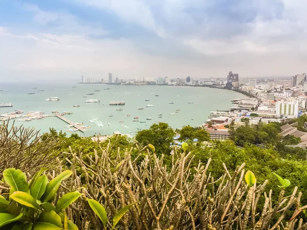 Beautiful of Pattaya bay view on Pratamnak Hill with blue sky