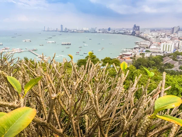 Beautiful of Pattaya bay view on Pratamnak Hill with blue sky