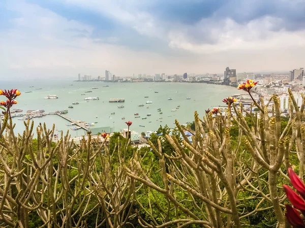 Beautiful of Pattaya bay view on Pratamnak Hill with blue sky