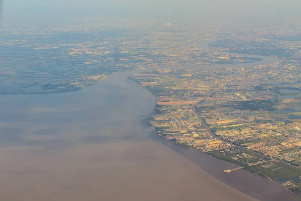 Widok Lotu Ptaka Chaophraya River Delta Zatoki Tajlandii Krajobrazów Samolotu — Zdjęcie stockowe