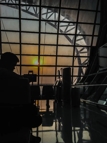 Tourists Waiting Morning Flight Airport Gate Looking Window Glass See — Stock Photo, Image