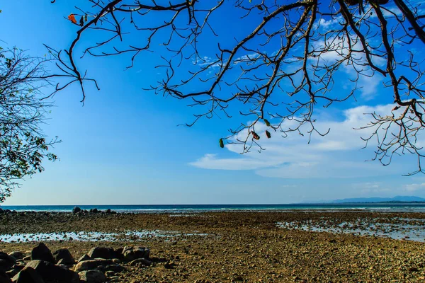 Güzel Taş Taş Plaj Deniz Suyu Dramatik Mavi Gökyüzü Arka — Stok fotoğraf