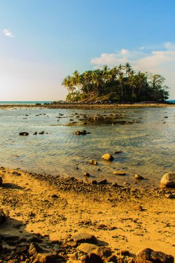 Rock plaj ve deniz suyu mavi gökyüzü ve bulutlu gün arka plan gerilemiştir zaman ağaç ile yalnız uzak ada