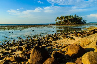Rock plaj ve deniz suyu mavi gökyüzü ve bulutlu gün arka plan gerilemiştir zaman ağaç ile yalnız uzak ada