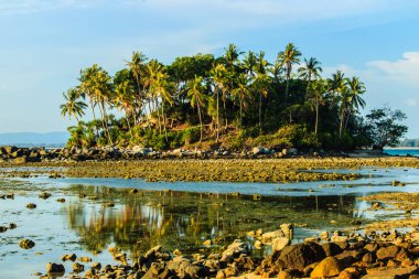 Rock plaj ve deniz suyu mavi gökyüzü ve bulutlu gün arka plan gerilemiştir zaman ağaç ile yalnız uzak ada