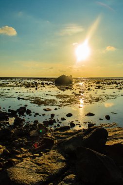 Rock plaj ve deniz suyu mavi gökyüzü ve bulutlu gün arka plan gerilemiştir zaman ağaç ile yalnız uzak ada