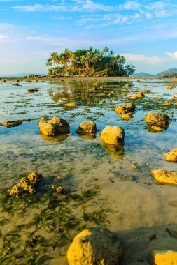 Rock plaj ve deniz suyu mavi gökyüzü ve bulutlu gün arka plan gerilemiştir zaman ağaç ile yalnız uzak ada