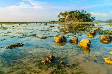 Rock plaj ve deniz suyu mavi gökyüzü ve bulutlu gün arka plan gerilemiştir zaman ağaç ile yalnız uzak ada