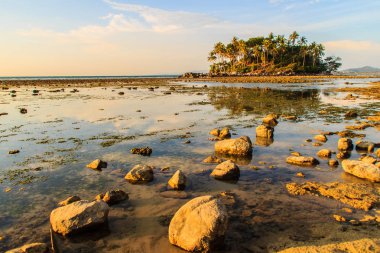 Rock plaj ve deniz suyu mavi gökyüzü ve bulutlu gün arka plan gerilemiştir zaman ağaç ile yalnız uzak ada