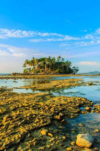 寂寞的海岛与岩石海滩和树当海水消退在蓝天和多云天背景 — 图库照片