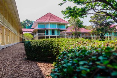 Güzel mimari af Mrigadayavan Sarayı, eski Kraliyet ikamet yeriydi ve turistik Cha Am, Phetchaburi Eyaleti, Tayland.