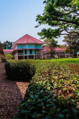Güzel mimari af Mrigadayavan Sarayı, eski Kraliyet ikamet yeriydi ve turistik Cha Am, Phetchaburi Eyaleti, Tayland.