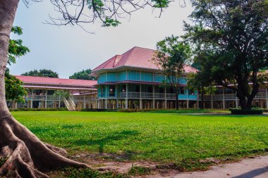 Güzel mimari af Mrigadayavan Sarayı, eski Kraliyet ikamet yeriydi ve turistik Cha Am, Phetchaburi Eyaleti, Tayland.
