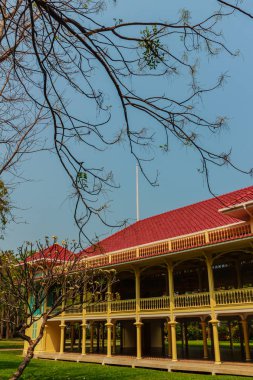 Güzel mimari af Mrigadayavan Sarayı, eski Kraliyet ikamet yeriydi ve turistik Cha Am, Phetchaburi Eyaleti, Tayland.