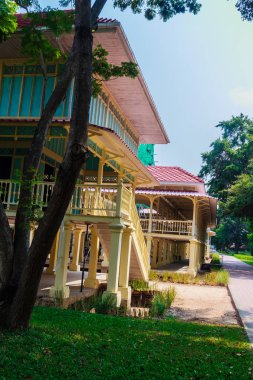 Güzel mimari af Mrigadayavan Sarayı, eski Kraliyet ikamet yeriydi ve turistik Cha Am, Phetchaburi Eyaleti, Tayland.