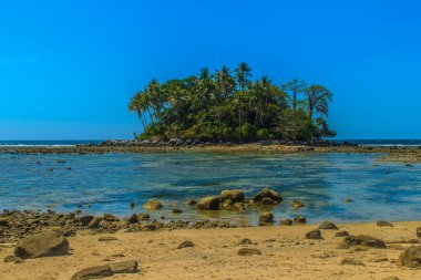 Rock plaj ve deniz suyu mavi gökyüzü ve bulutlu gün arka plan gerilemiştir zaman ağaç ile yalnız uzak ada