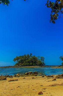 Rock plaj ve deniz suyu mavi gökyüzü ve bulutlu gün arka plan gerilemiştir zaman ağaç ile yalnız uzak ada
