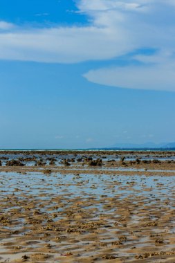Güzel taş taş plaj deniz suyu dramatik mavi gökyüzü arka plan ile bulutlu gün çekildi..
