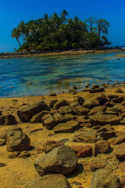 Rock plaj ve deniz suyu mavi gökyüzü ve bulutlu gün arka plan gerilemiştir zaman ağaç ile yalnız uzak ada