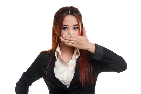 Young Asian business woman close her mouth with hand. — Stock Photo, Image