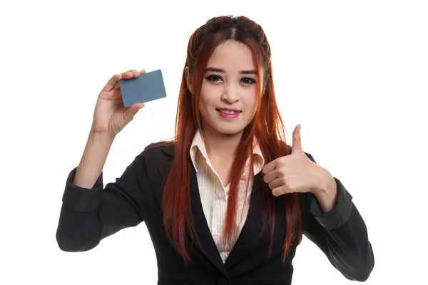 Young Asian business woman thumbs up with a blank card. — Stock Photo, Image