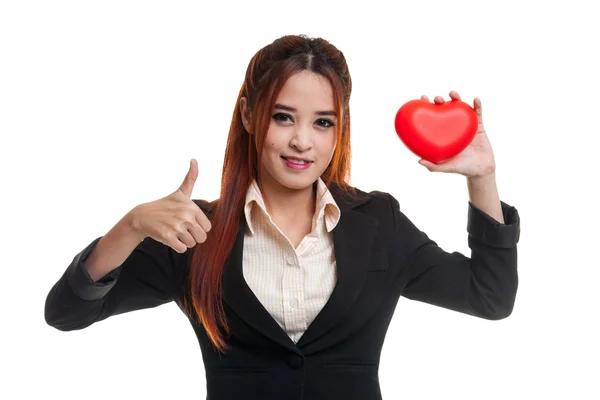 Asiatische Geschäftsfrau Daumen nach oben mit rotem Herz. — Stockfoto