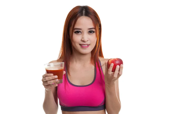 Красивая здоровая азиатка с томатным соком и яблоком . — стоковое фото