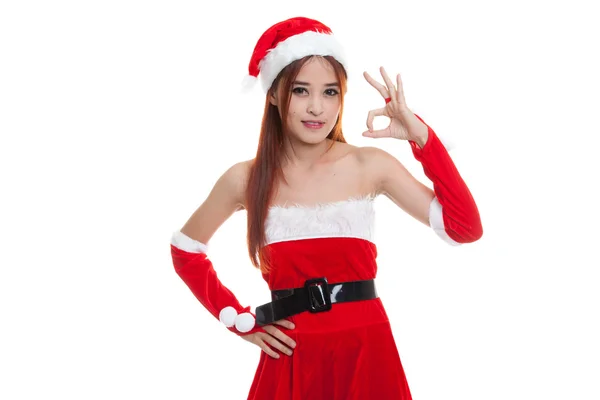 Dziewczyna azjatyckich Boże Narodzenie Santa Claus Pokaż znak Ok. — Zdjęcie stockowe
