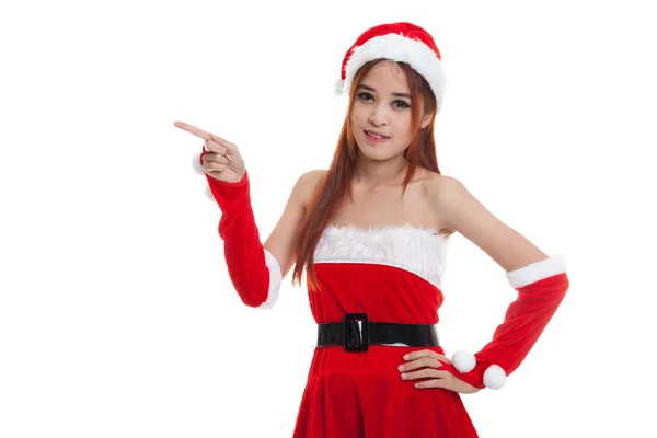 Asiatiska jul jultomten flicka punkt till tomt utrymme. — Stockfoto