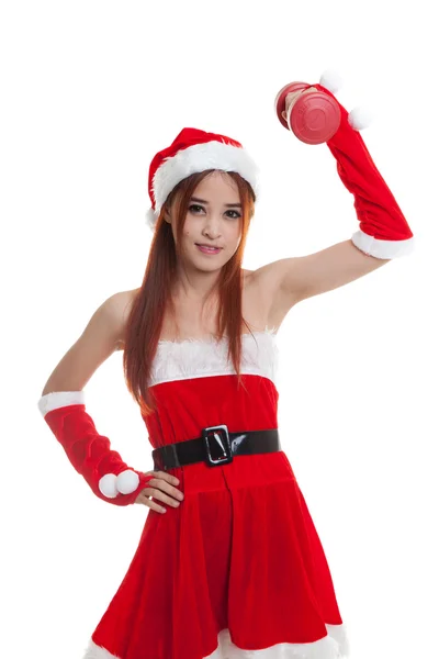 Asiatico ragazza di Natale con vestiti di Babbo Natale e manubri rossi . — Foto Stock