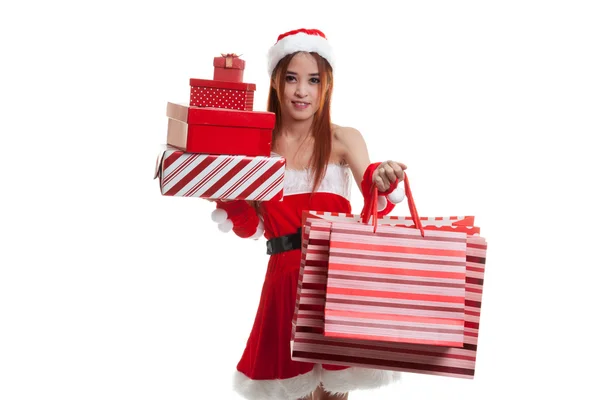 Asiática Navidad Santa Claus chica con bolsas de compras y regalo . —  Fotos de Stock