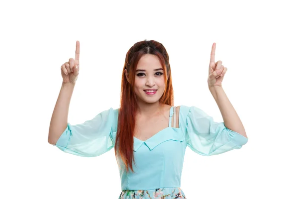 Young Asian  woman  point to blank space — Stock Photo, Image