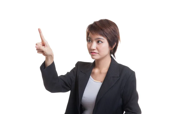 亚洲业务女人用她的手指触摸屏幕. — 图库照片