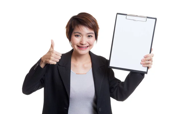Asiática mujer de negocios mostrar pulgares arriba y en blanco portapapeles . —  Fotos de Stock