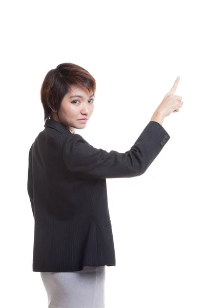 Back of Asian business woman touching the screen with her finger — Stock Photo, Image