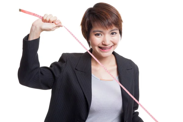 Young Asian business woman with measuring tape. — Stock Photo, Image