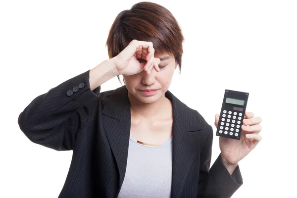 Asian business woman got  headache with calculator. — Stock Photo, Image