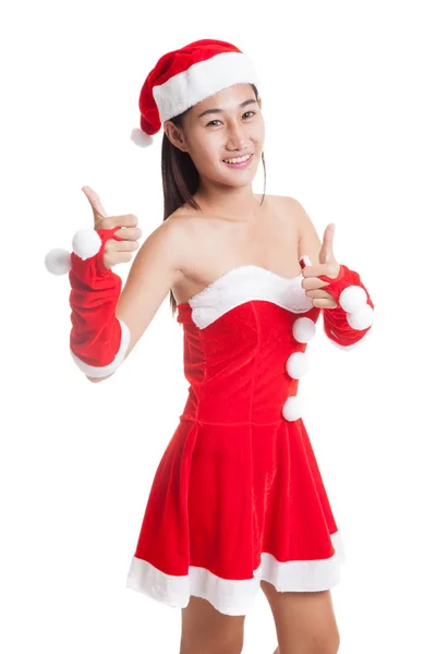 Asijské vánoční Santa Claus dívka objeví 2 palce. — Stock fotografie