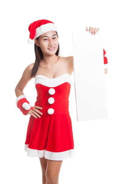Aziatische kerst Santa Claus meisje met lege teken. — Stockfoto
