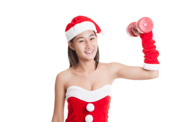 Asiático Navidad chica con santa claus ropa y rojo dumbbell . —  Fotos de Stock